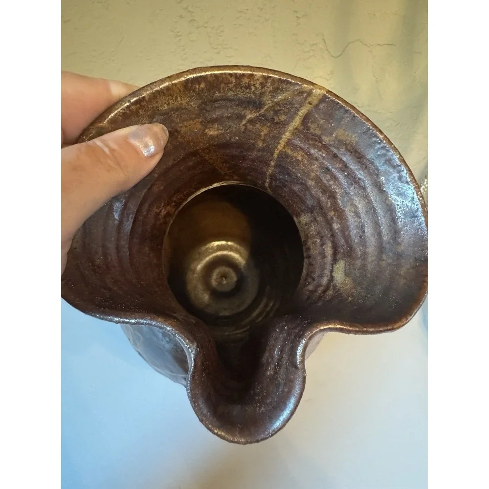 Vintage Studio Pottery Pitcher Hand Thrown Faceted Brown Glaze Art Jug Rustic